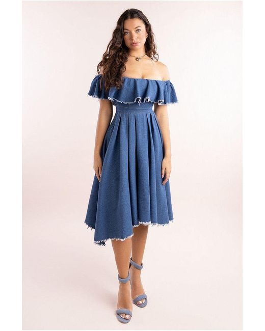 Goddiva Blue Denim Frilled Bardot High Low Dress