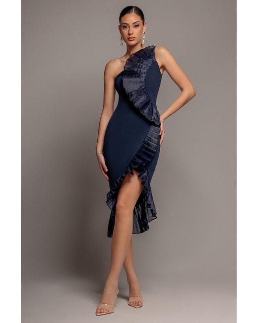 Goddiva Blue One Shoulder Pleated Fan Midi Dress