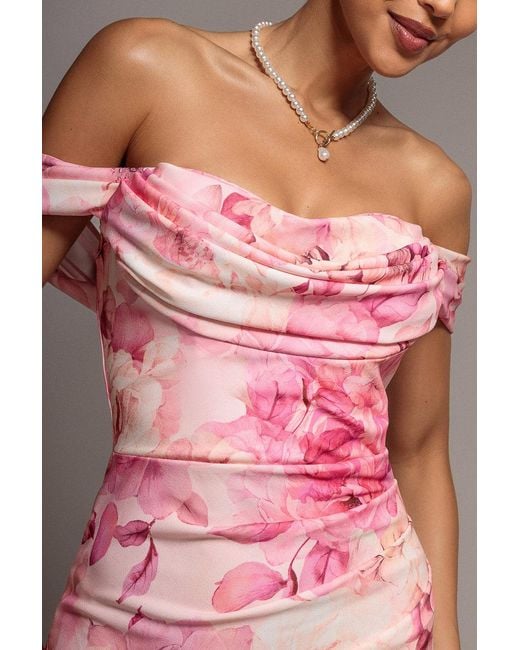 Goddiva Gray Printed Cowl Neck Pleated Waist Maxi Dress
