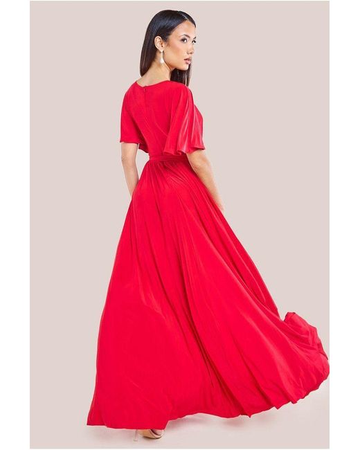 Goddiva Red Wrap Front Maxi With Flutter Sleeves
