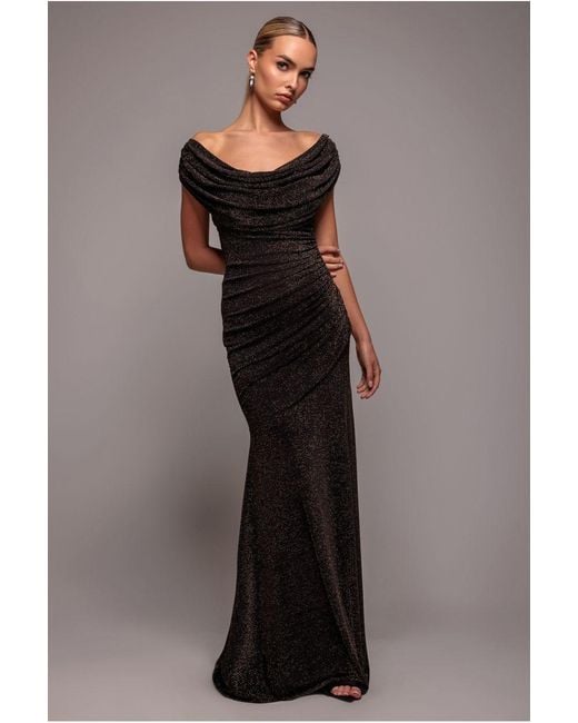 Goddiva Multicolor Sparkle Lurex Cowl Neck Off The Shoulder Maxi Dress
