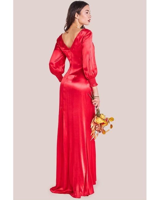 Goddiva Red Satin Viscose Front Split Maxi