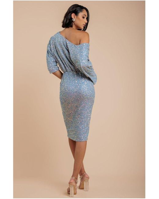 Goddiva Blue Sequin Cowl Neck Midi Dress