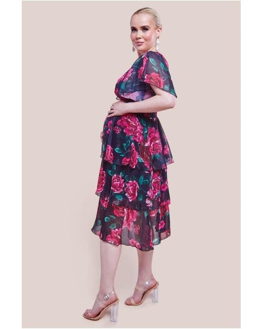 Goddiva Pink Maternity Layered Floral Midi Dress With Flutter Sleeves