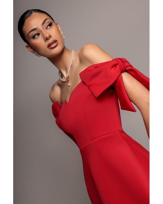 Goddiva Red Bardot Plunge Neck Bow Sleeve Skater Mini Dress