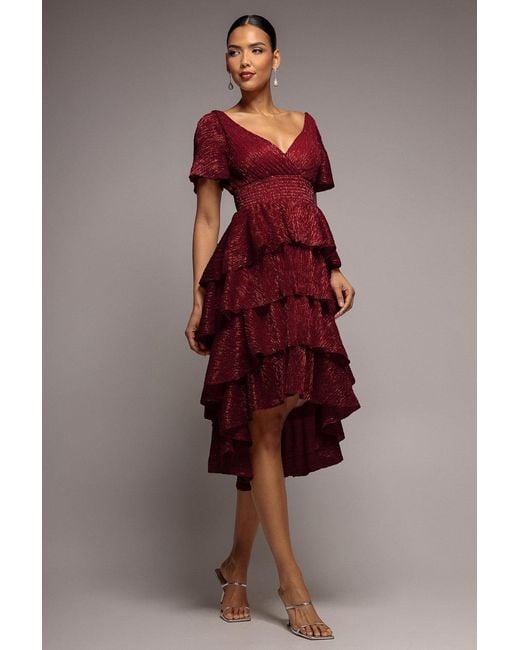 Goddiva Crinkle Lurex High Low Layered Midi Dress