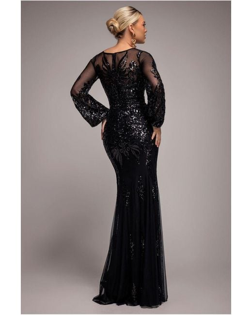 Goddiva Black Embellished Sequin Bishop Sleeve Maxi Dress