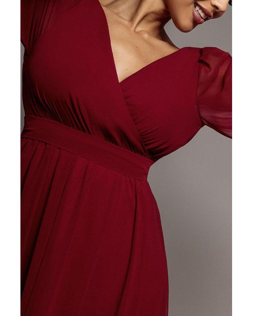 Goddiva Red Wrap Back With Front Slit Chiffon Maxi Dress