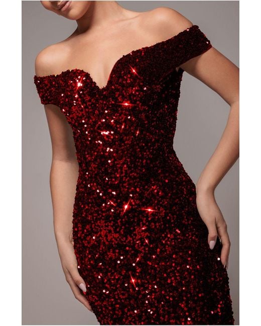 Goddiva Red Sequin Velvet Bardot Evening Maxi Dress