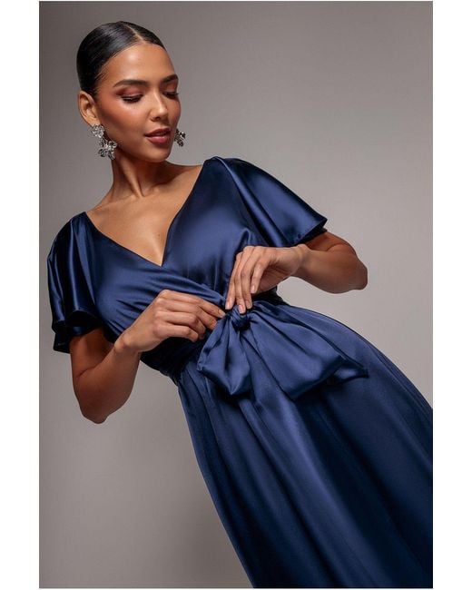 Goddiva Blue Satin Flutter Sleeve Wrap Midi Dress