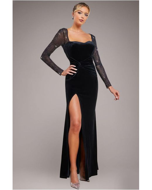 Goddiva Black Hotfix Diamante Sleeve Front Split Velvet Maxi Dress