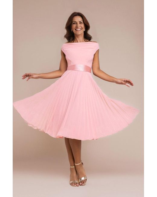 Goddiva Pink Cowl Neck Pleated A-Line Chiffon Midi Dress