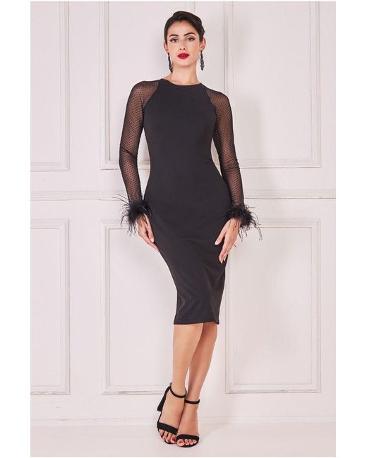 Goddiva Black Racer Neck Scuba Crepe Feather Sleeve Midi