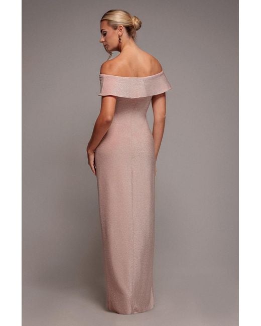 Goddiva Pink Lurex Bardot Maxi With Waterfall Ruffle