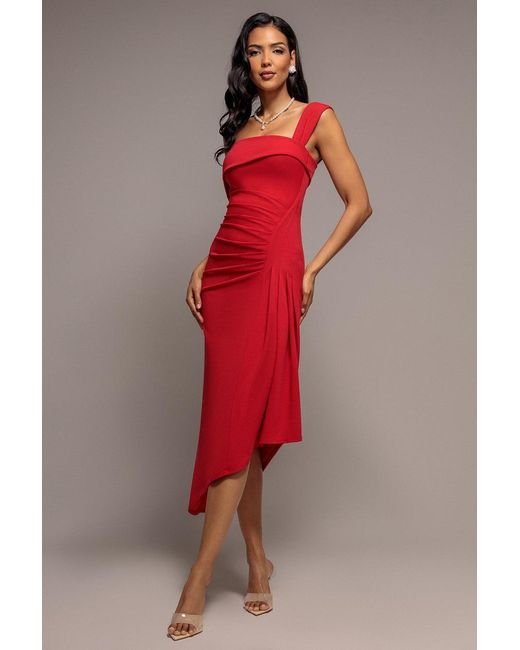 Goddiva Red Off Shoulder Pleated Waist Asymmetric Midaxi Dress