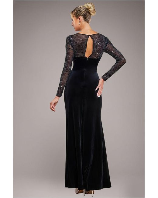 Goddiva Black Hotfix Diamante Sleeve Front Split Velvet Maxi Dress