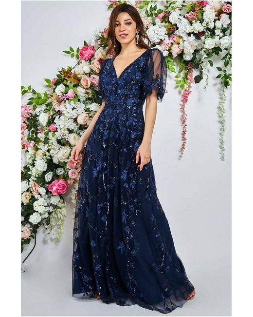 Goddiva Flared Sleeve Embroidered Maxi Dress in Blue Lyst