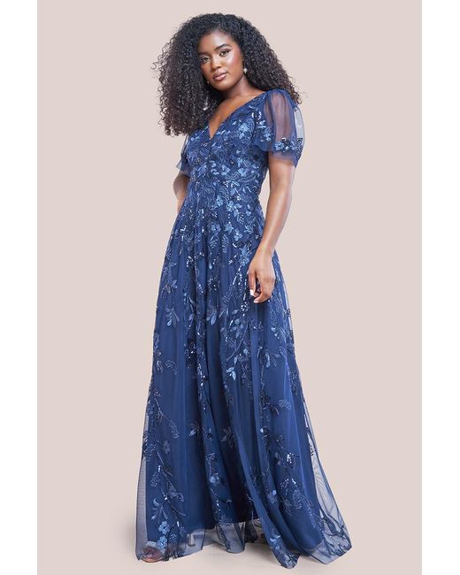 Goddiva Blue Flared Sleeve Embroidered Maxi Dress