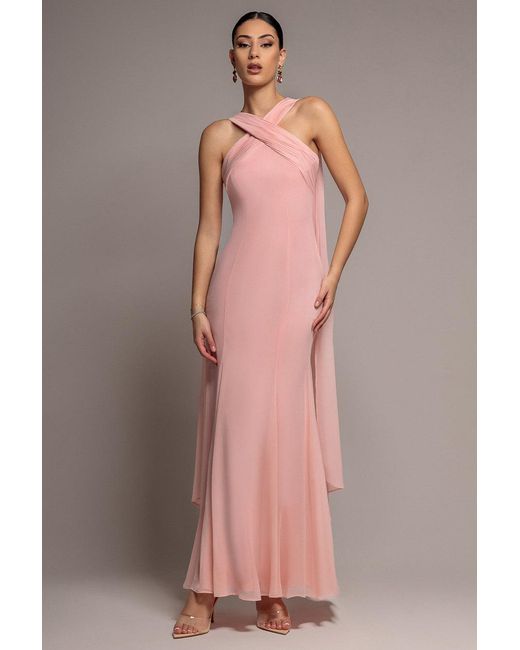 Goddiva Pink Cross Front Scarf Back Chiffon Mermaid Maxi Dress