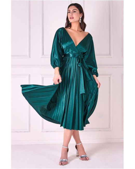 Goddiva Satin Pleated Skirt Wrap Midi Dress in Green Lyst