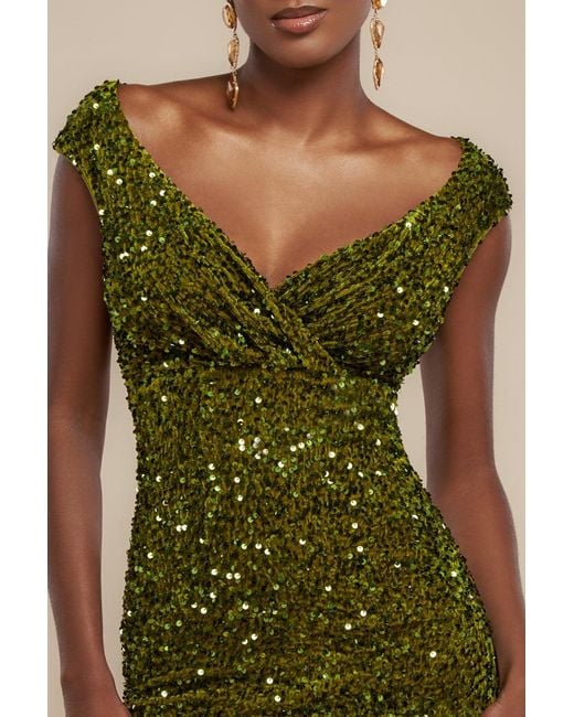 Goddiva Green Multi Sequin & Velvet Bardot Midi Dress