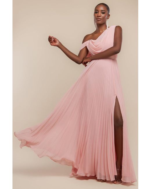 Goddiva Pink Cowl Neck One Shoulder A Line Chiffon Maxi Dress