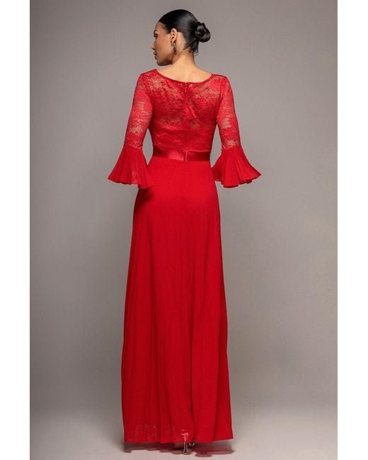 Goddiva Red Scalloped Lace Bodice Pleated Chiffon A Line Maxi Dress