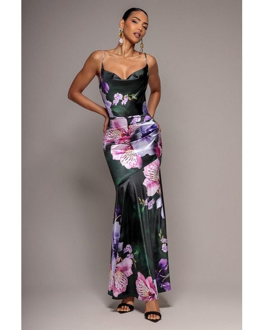 Goddiva Multicolor Floral Print Satin Cowl Neck Maxi Dress