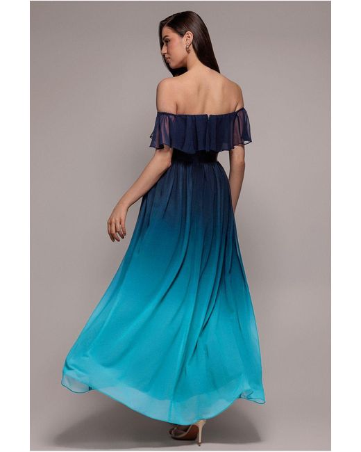 Goddiva Blue Ombre Chiffon Bardot Frill A-Line Maxi Dress