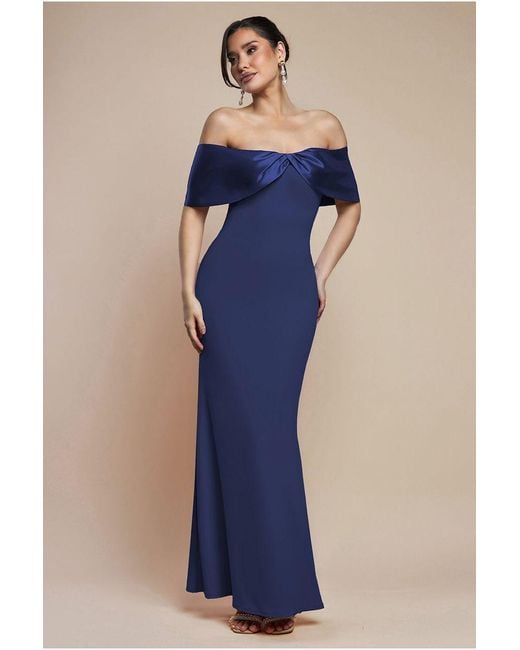 Goddiva Blue Twist Knot Satin & Scuba Bardot Maxi Dress