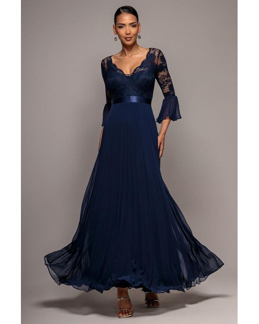 Goddiva Green Scalloped Lace Bodice Pleated Chiffon A Line Maxi Dress