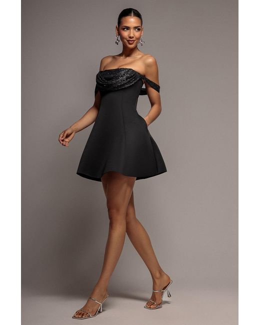 Goddiva Black Sparkle Chiffon Cowl Bardot Skater Mini Dress