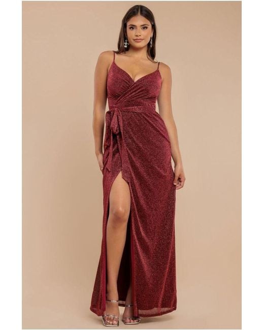 Goddiva Red Wrap Style Spaghetti Strap Maxi With Split