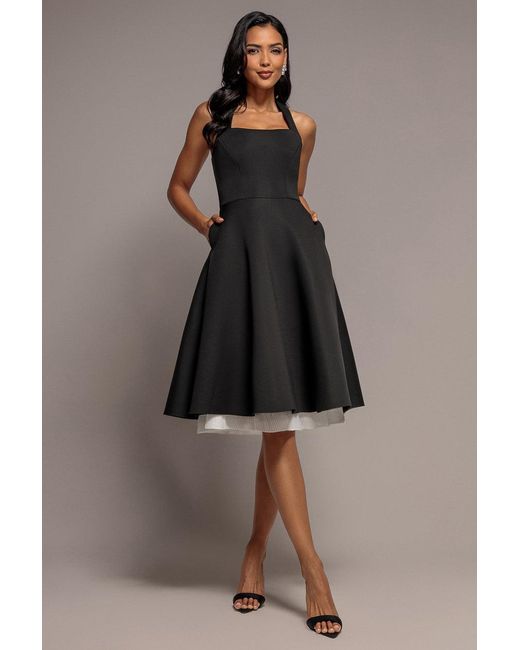 Goddiva Brown Contrast Organza Frill Bow Back Halter Midi Dress