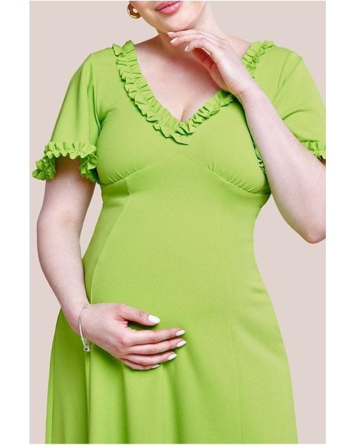Goddiva Green Maternity Flare Sleeve Frill Edge Midi Dress