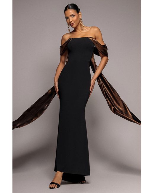 Goddiva Gray Off The Shoulder Mirror Foil Angel Wing Cape Maxi Dress