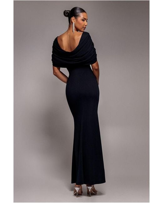 Goddiva Black V Neck Cowl Back Pleated Sleeve Scuba Maxi Dress