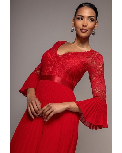 Goddiva Red Scalloped Lace Bodice Pleated Chiffon A Line Maxi Dress