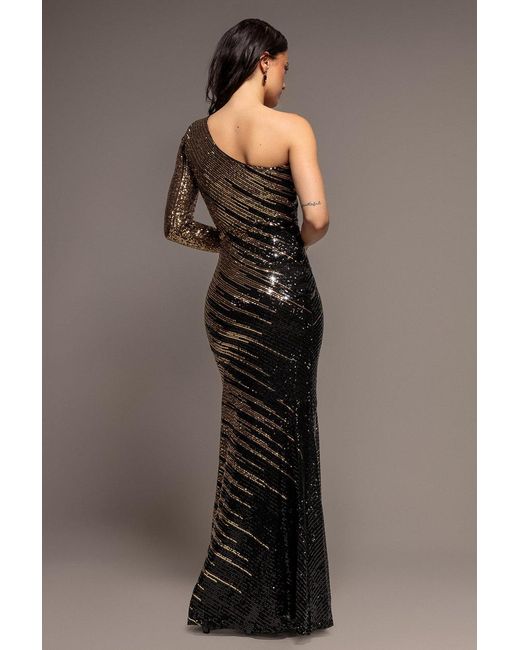 Goddiva Metallic One Sleeve Diagonal Sequin Maxi