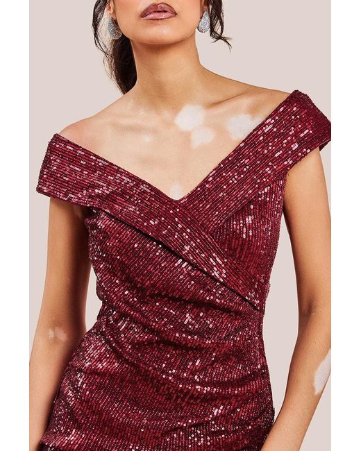 Goddiva Bardot Sequin Pleated Maxi Dress in Red Lyst