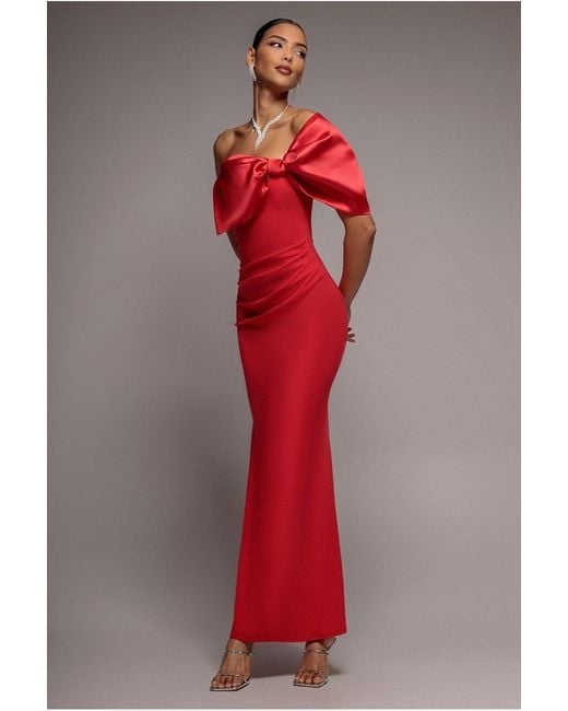 Goddiva Red Off The Shoulder Satin Bow Neck Maxi Dress