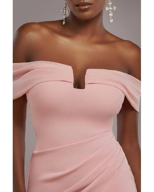 Goddiva Pink Off The Shoulder Chiffon Wing Scuba Crepe Midi Dress
