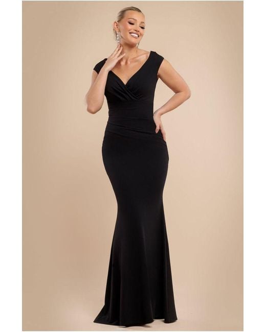Goddiva Women's Black Bardot Pleated Maxi Dress