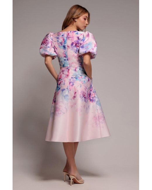 Goddiva Pink Printed Scuba Square Neck Puff Sleeve Midi Dress