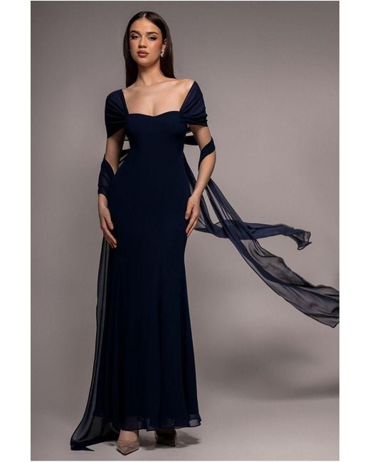 Goddiva Blue Multiway Cape Chiffon Sweetheart Maxi Dress