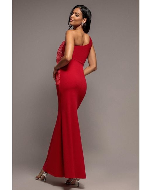 Goddiva Red One Shoulder Pleated Fan Maxi