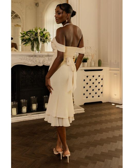 Goddiva Natural Chiffon Cowl Off Shoulder Wing Tiered Midi Dress