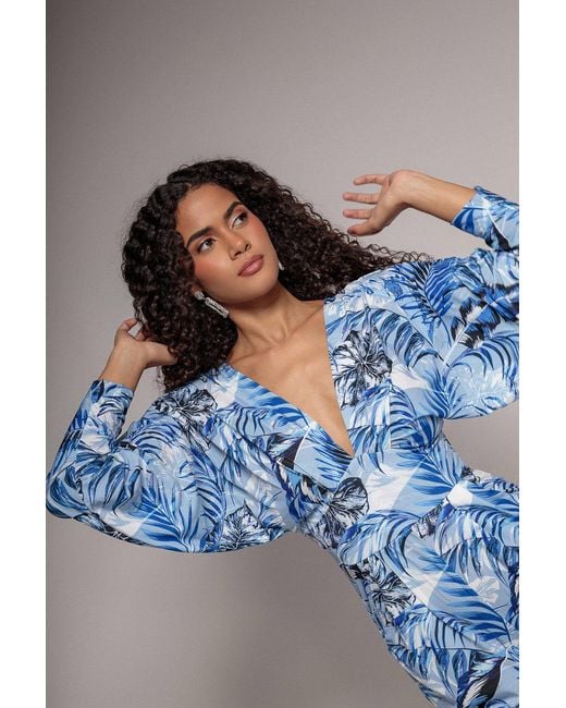 Goddiva Blue Tropical Print Jumpsuit