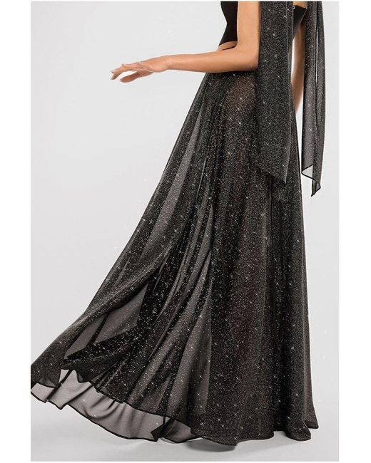 Goddiva Black Compact Crepe Lace Up Corset With Gathered A-Line Glitter Chiffon Maxi Skirt & Scarf
