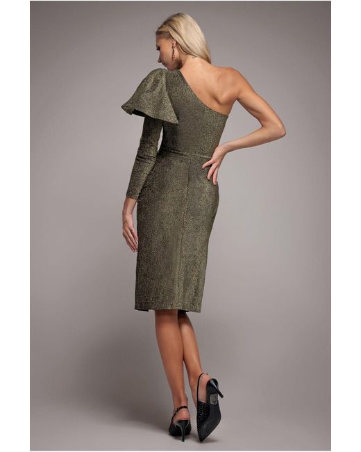 Goddiva Natural One Sleeve Frill Lurex Midi Dress
